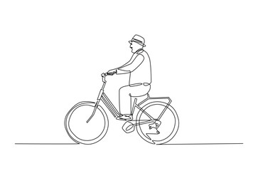 Obraz premium Old man riding bicycle continuous one line drawing. Riding bike single line art illustration. Editable vector.