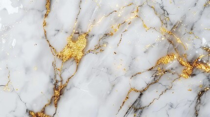 A white marble background with gold veins and accents.