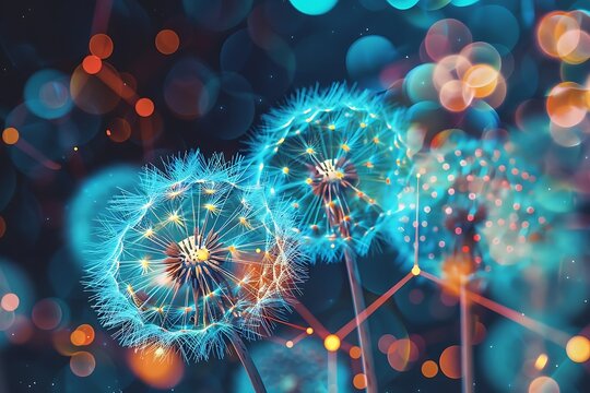 Glowing Dandelions, Network Connections, Abstract Art, Digital Flowers, Bright Lights, Bokeh Backgro