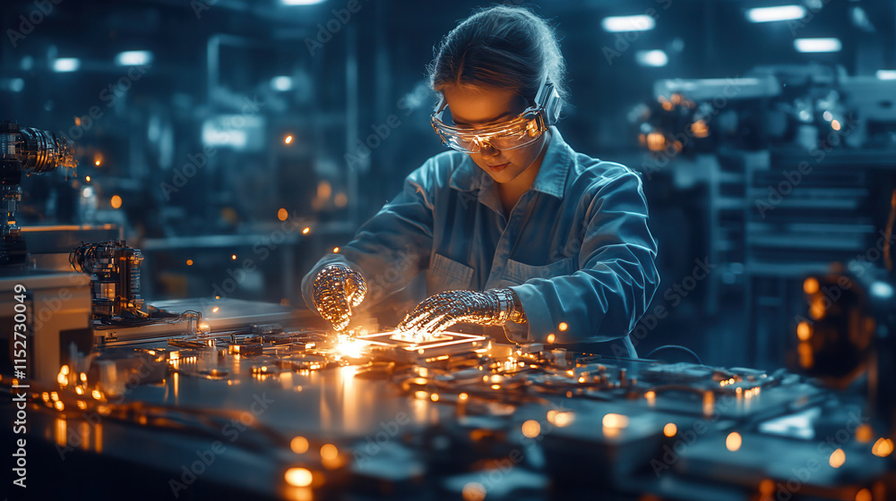 Poster worker in high tech warehouse adjusts robotic system, showcasing precision and focus. environment is