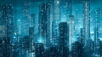 skyscrapers with glass facades, reflecting the city lights at night, modern urban setting