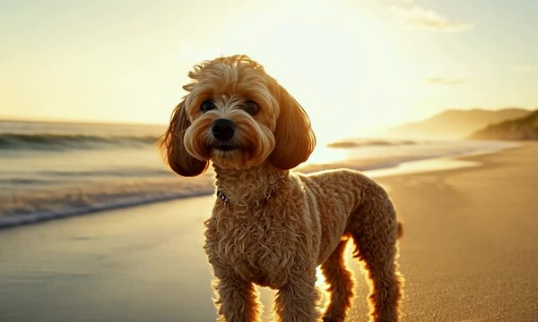 Adorable Cavapoo Dog at Golden Hour Beach