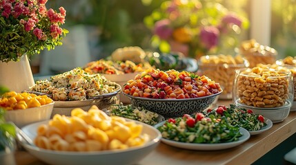 Abundant buffet table showcasing various colorful salads, pasta, and snacks in bowls and dishes, bathed in warm sunlight.
