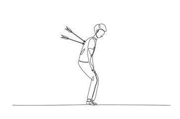 Dejected man with arrow in his back continuous one line drawing. Arrow in person back single line art illustration. Editable vector. Sacrifice, sadness, and lonely concept.