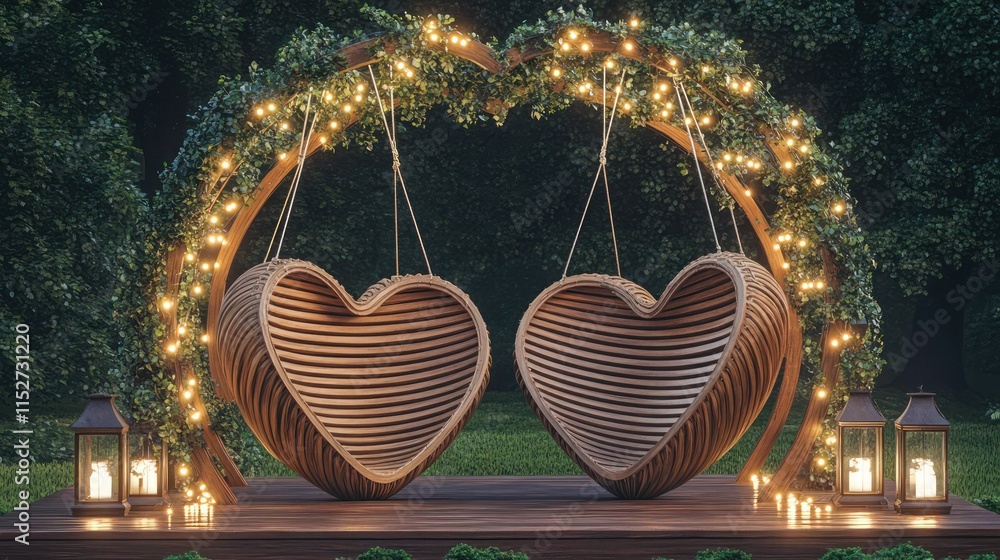 Poster an elegant pair of heart-shaped cocoon chairs made of curved wooden slats, suspended from an arched 