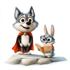 Obraz premium adorable cartoon husky in a cape and a bunny rabbit reading a book together. perfect for children's books, education, and more! high-quality digital illustration.