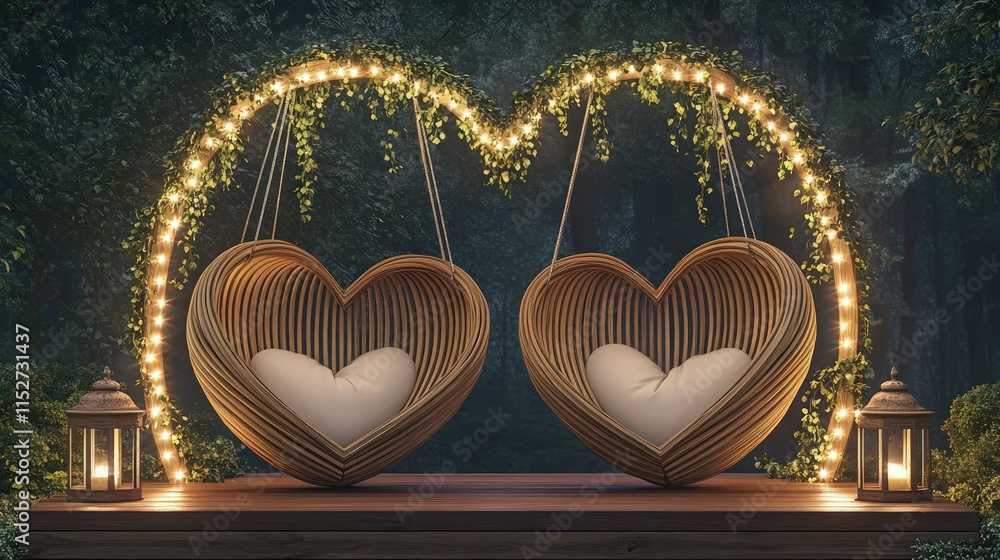 Poster an elegant pair of heart-shaped cocoon chairs made of curved wooden slats, suspended from an arched 