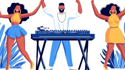 vibrant illustration of a diverse group of djs and dancers enjoying a lively party. perfect for event promotion or music-themed designs.