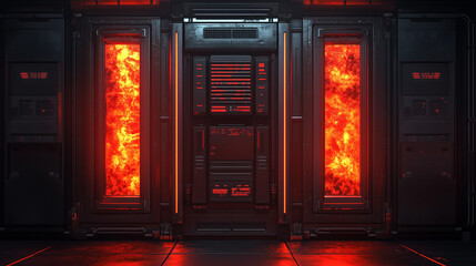 High-tech industrial server room with glowing red energy core, futuristic and ominous environment