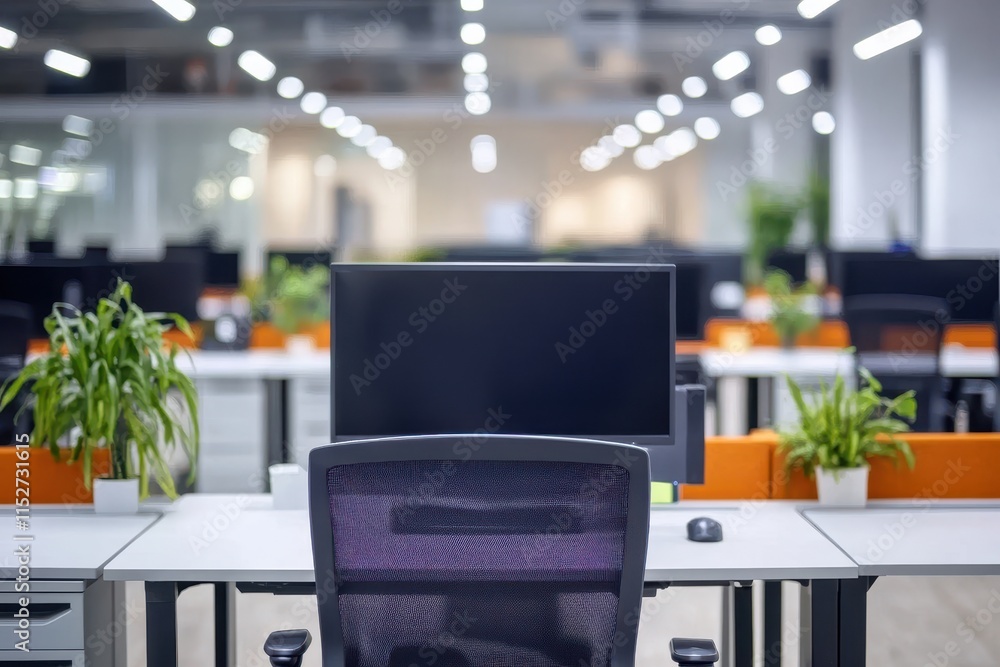 Poster empty modern office workspace with computers and plants.