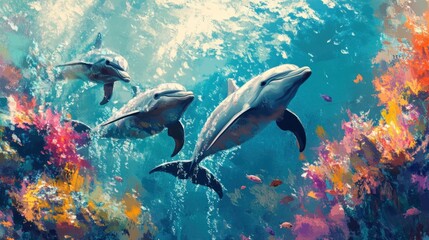 Oceanic Symphony: Three Dolphins Gracefully Navigating a Vibrant Coral Reef