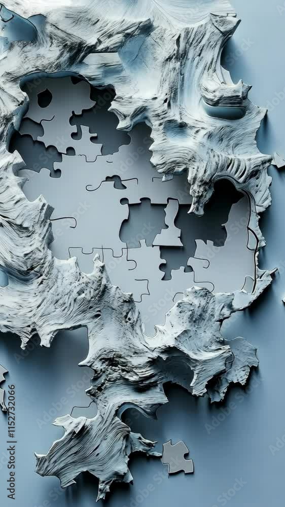 Poster intricate puzzle pieces interwoven with textured abstract design on a soft blue background