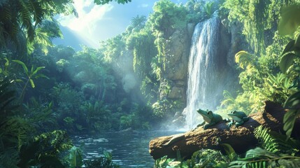 Serene Rainforest Waterfall with Frogs