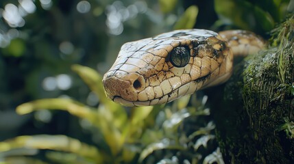 Obraz premium Close-up of a Pale Yellow Snake's Head in Lush Rainforest