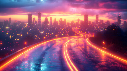 Fototapeta premium Vibrant City Skyline with Neon Lights and Rainy Road Reflections