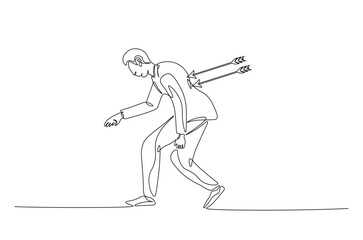 Dejected man with arrow in his back continuous one line drawing. Arrow in person back single line art illustration. Editable vector. Sacrifice, sadness, and lonely concept.