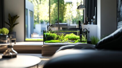 A detailed aquascaping setup in a modern living room, Aquascaping tools and materials neatly arranged around an aquarium, Minimalist indoor style