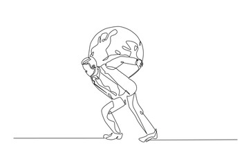 Fototapeta premium Man holding earth globe continuous one line drawing. Holding globe for save world environment single line art illustration concept. Editable vector.