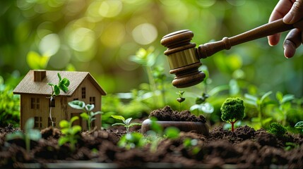 Gavel over miniature house and growing plants, symbolizing environmental property law.