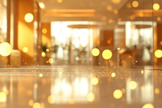 Abstract blurred interior with golden bokeh lights reflecting on shiny floor.