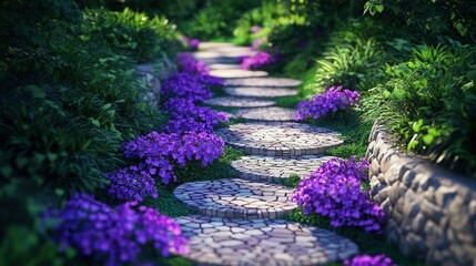 Obraz premium Winding pebble stone path lined with vibrant purple flowers creates a magical walkway perfect for fantasy or meditation marketing.