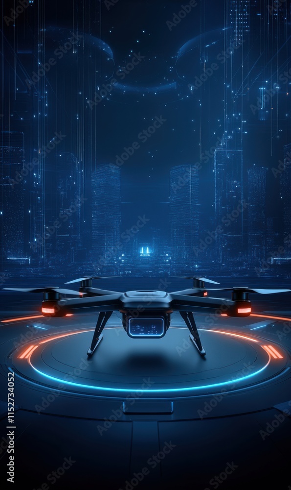 Poster futuristic drone in high-tech setting with glowing lights and digital cityscape background