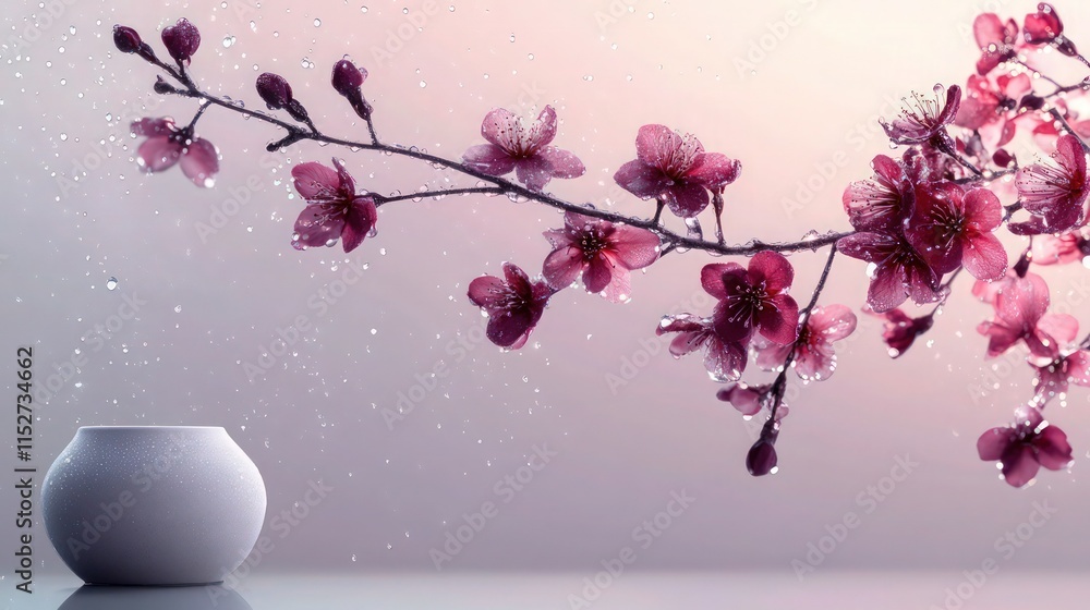 Poster a serene branch of blossoms in deep magenta hues transitioning to light pink, illuminated by soft li