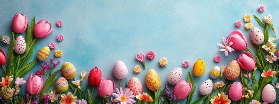 A decorative wallpaper with colorful eggs and flowers.