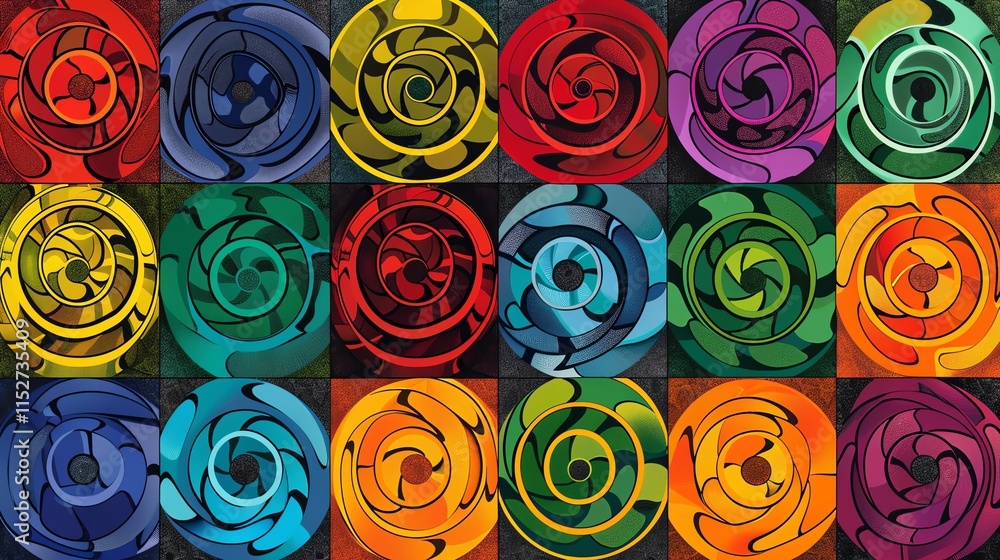Poster abstract geometric pattern of colorful circles with swirling designs.
