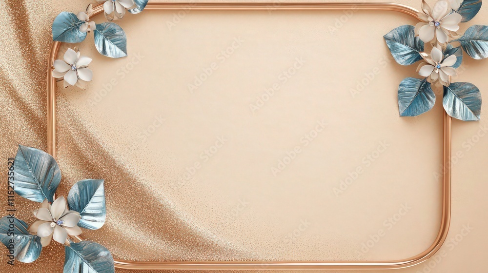 Poster a rose gold rounded square frame set on a soft, muted sand background. the frame's surface sparkles 