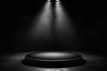 A stage with spotlight on black background, stage light effects, stage lights. Stage scene for product presentation or show