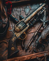 Ornate revolver and weapons on wood.