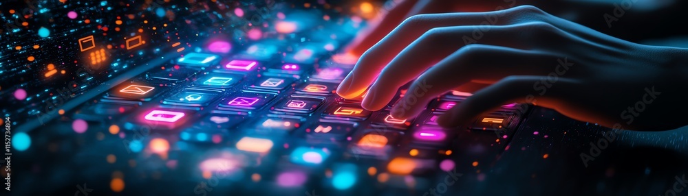 Aufkleber an intricate 3d concept of hands typing on a glowing keyboard with bright