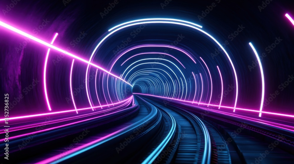 Poster futuristic neon tunnel with colorful lights in a dark environment depicting motion and depth