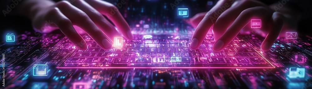 Aufkleber an intricate 3d concept of hands typing on a glowing keyboard with bright