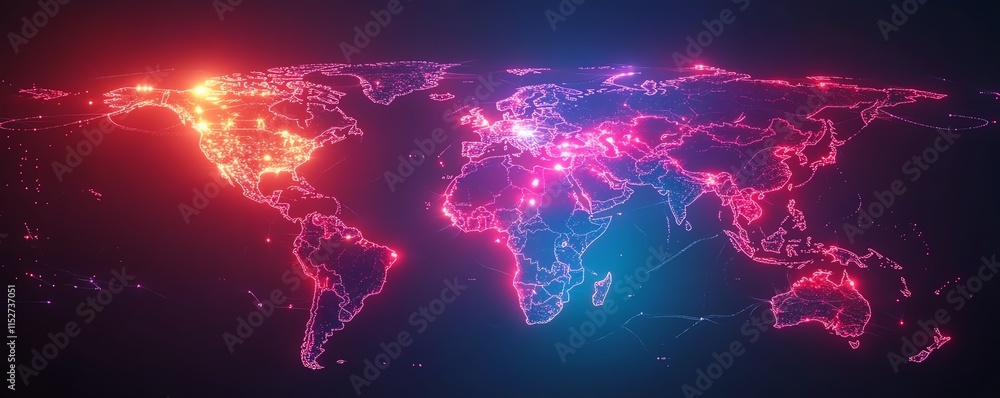 Poster a 3d digital world map with glowing data streams and network nodes