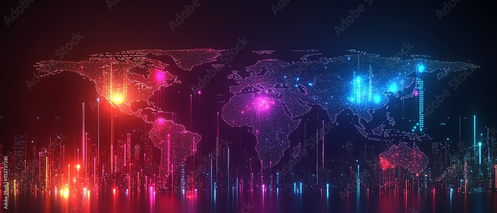 Poster a 3d render of a world map with glowing data lines and network nodes