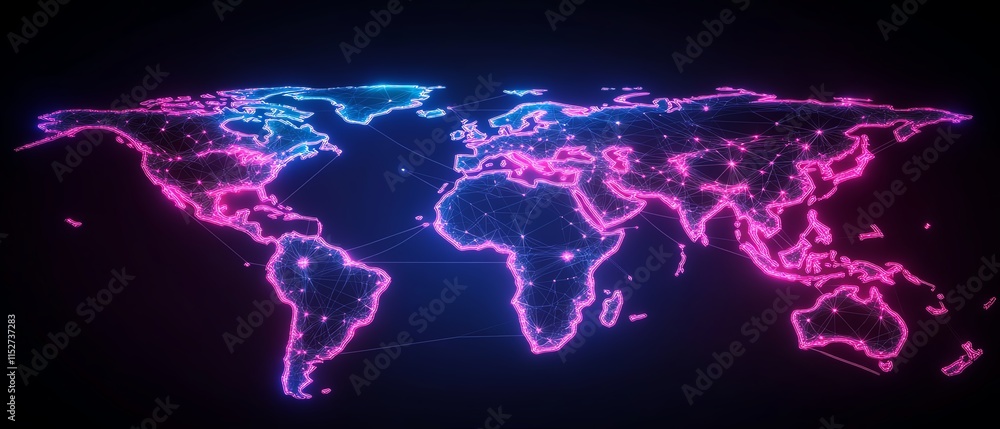 Poster a 3d render of a world map with glowing data lines and network nodes