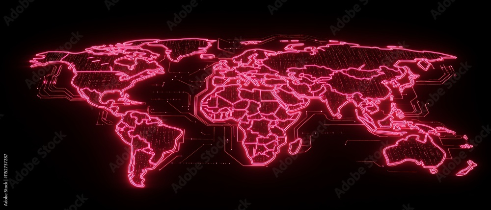 Poster a 3d render of a world map with glowing data lines and network nodes