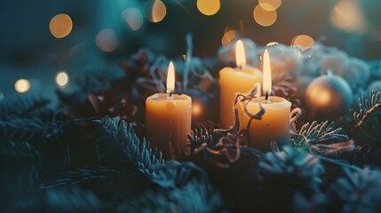 Three burning candles on a Christmas Advent wreath