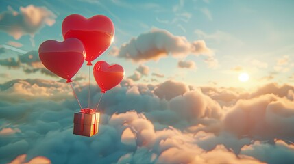 Fototapeta premium Three heart-shaped balloons carrying a gift box soar above a sunset-lit cloudscape.