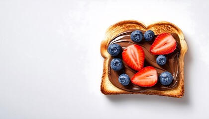 A slice of toast with chocolate spread, strawberries, and blueberries is on a white background