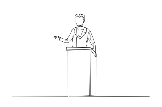 recommend clip art: Businessman speaking at the podium continuous one line drawing. Politician, motivator speaking single line art illustration. Editable vector.