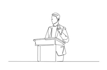 Businessman speaking at the podium continuous one line drawing. Politician, motivator speaking single line art illustration. Editable vector.