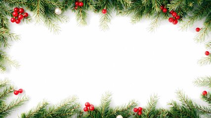 a christmas garland with red berries and green pine cones on a white background with a place for text or image, Ernest William Christmas, folk art, plain background, a digital rendering