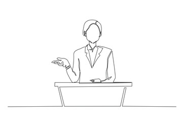 Businesswoman speaking at the podium continuous one line drawing. Politician, motivator speaking single line art illustration. Editable vector.