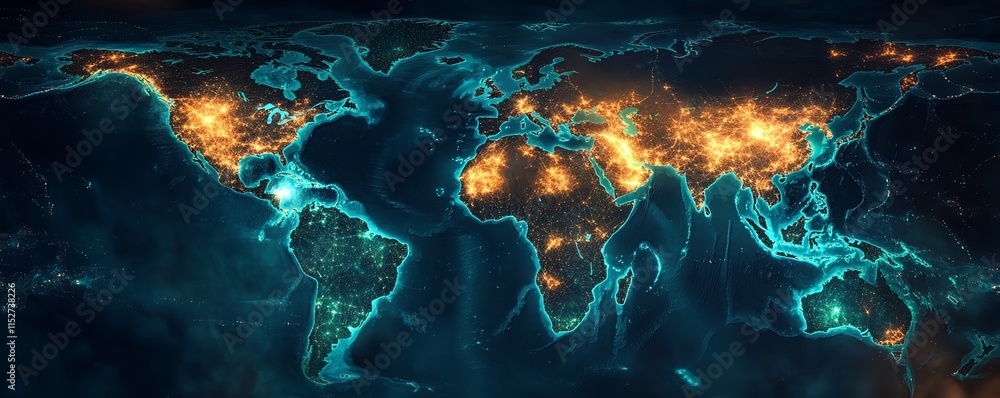 Poster a digital world map featuring glowing data connections and interconnected network nodes