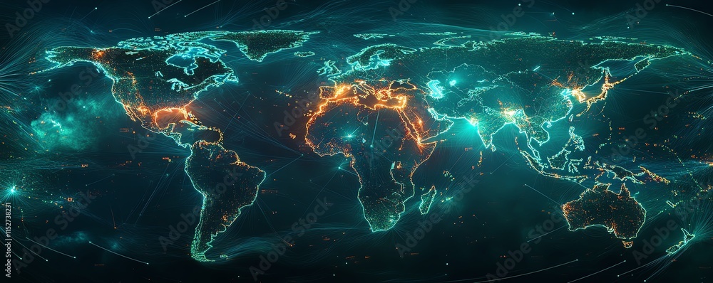 Poster a digital world map featuring glowing data connections and interconnected network nodes