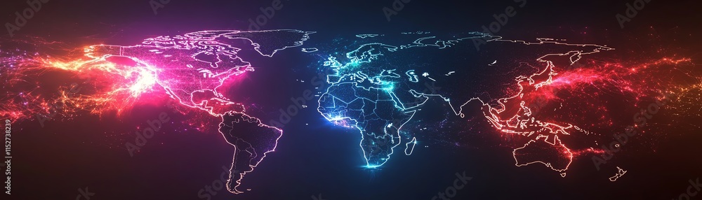 Poster a digital world map with luminous data streams and network nodes