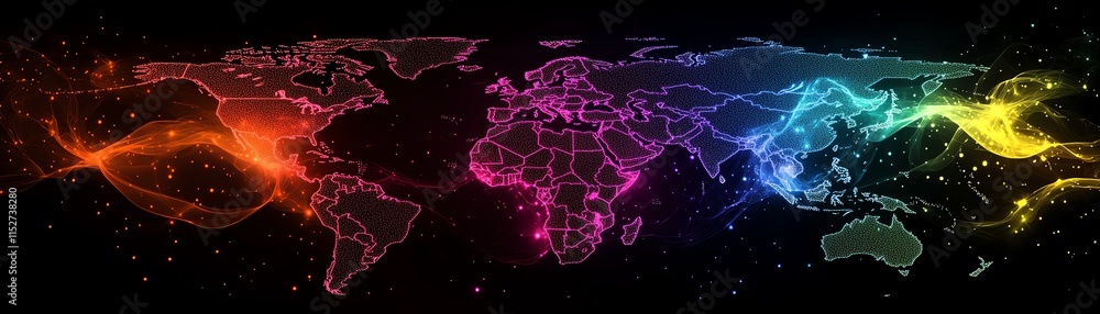 Poster a digital world map with luminous data streams and network nodes